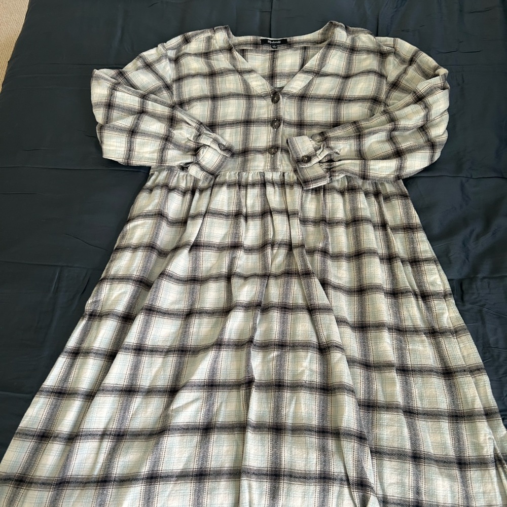 Madewell Cream and Blue Plaid V-Neck Dress